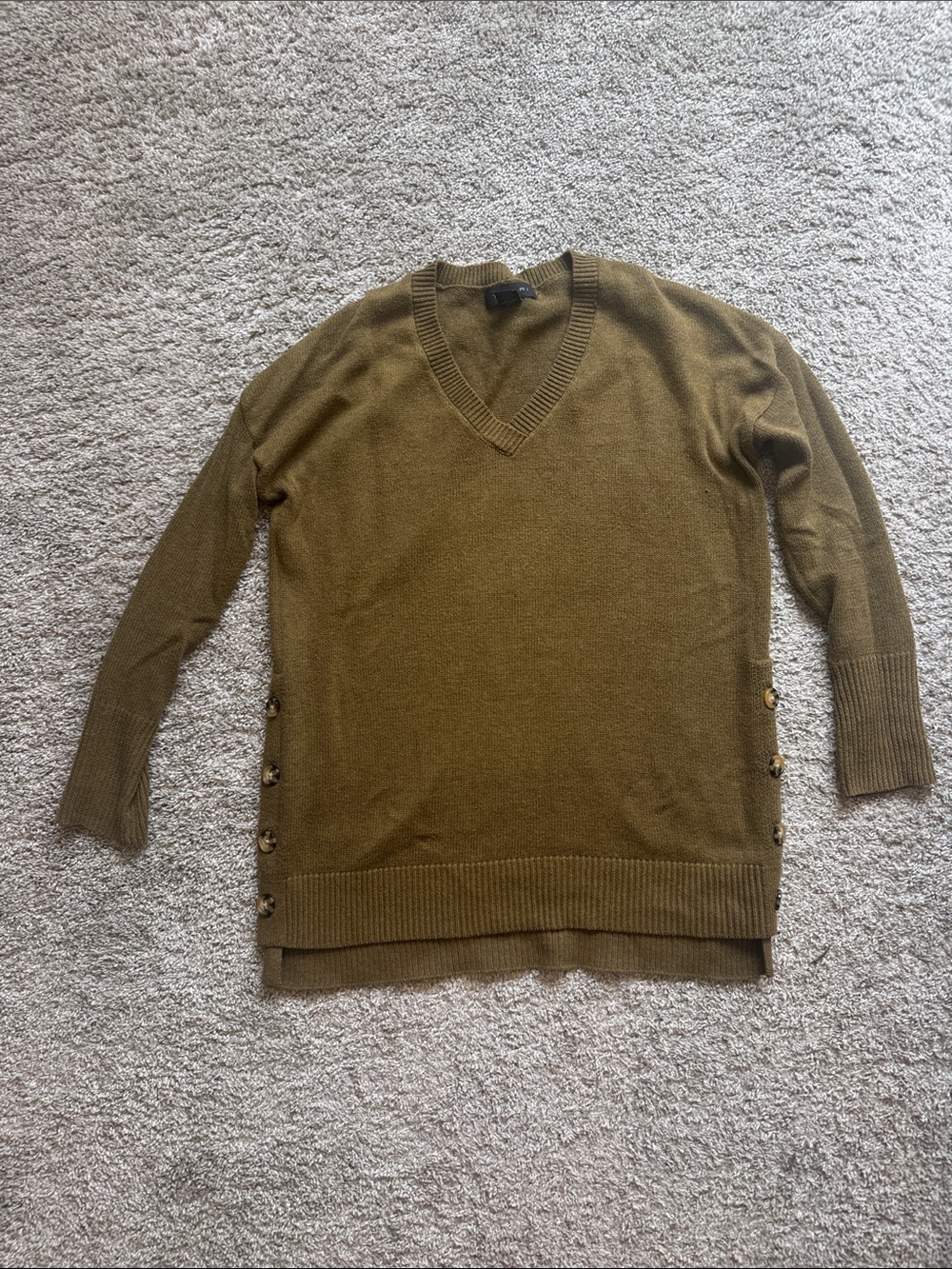 Tahari Olive V-Neck Sweater with Side Button Detail